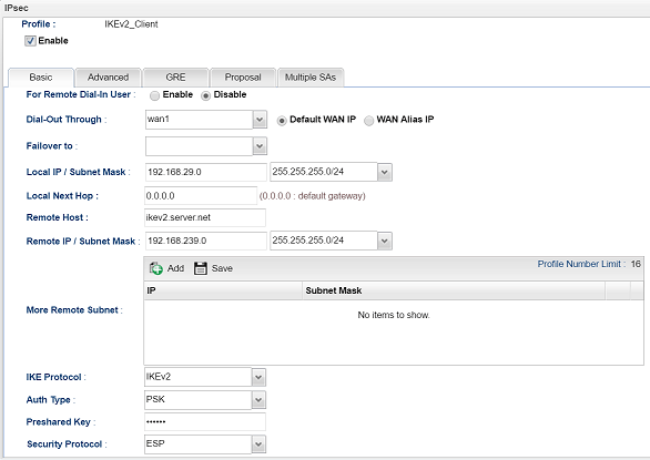 a screenshot of configuring Vigor3900 as an IKEv2 VPN client